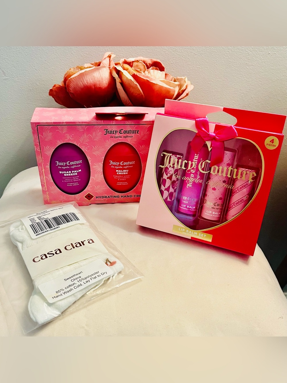 JUICY COUTURE Pretty Pink 3-Piece Bundle. Hand Cream, Lip Balm, & Cherry Socks